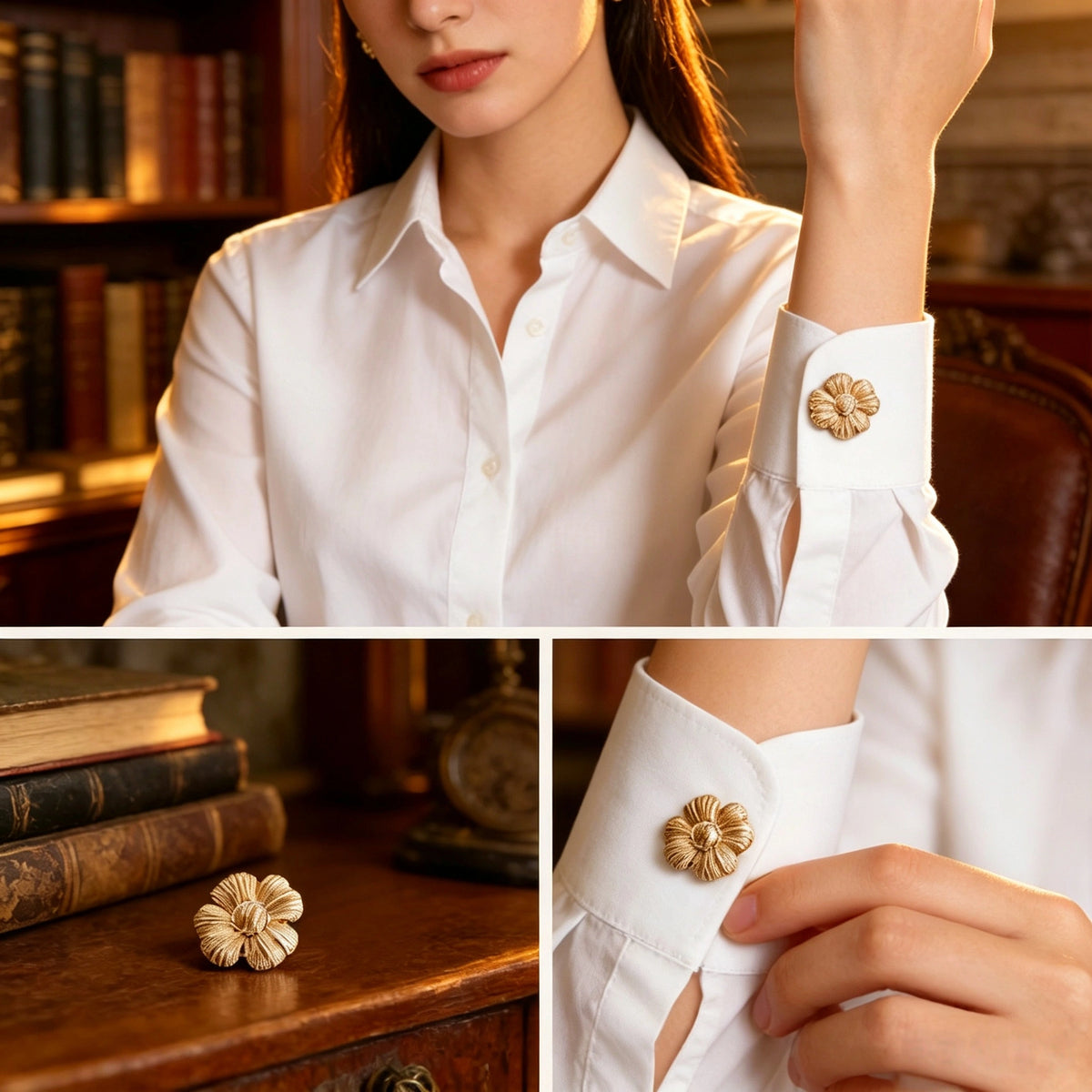 Vintage Gold Tone Metal Floral Cuff Button Covers