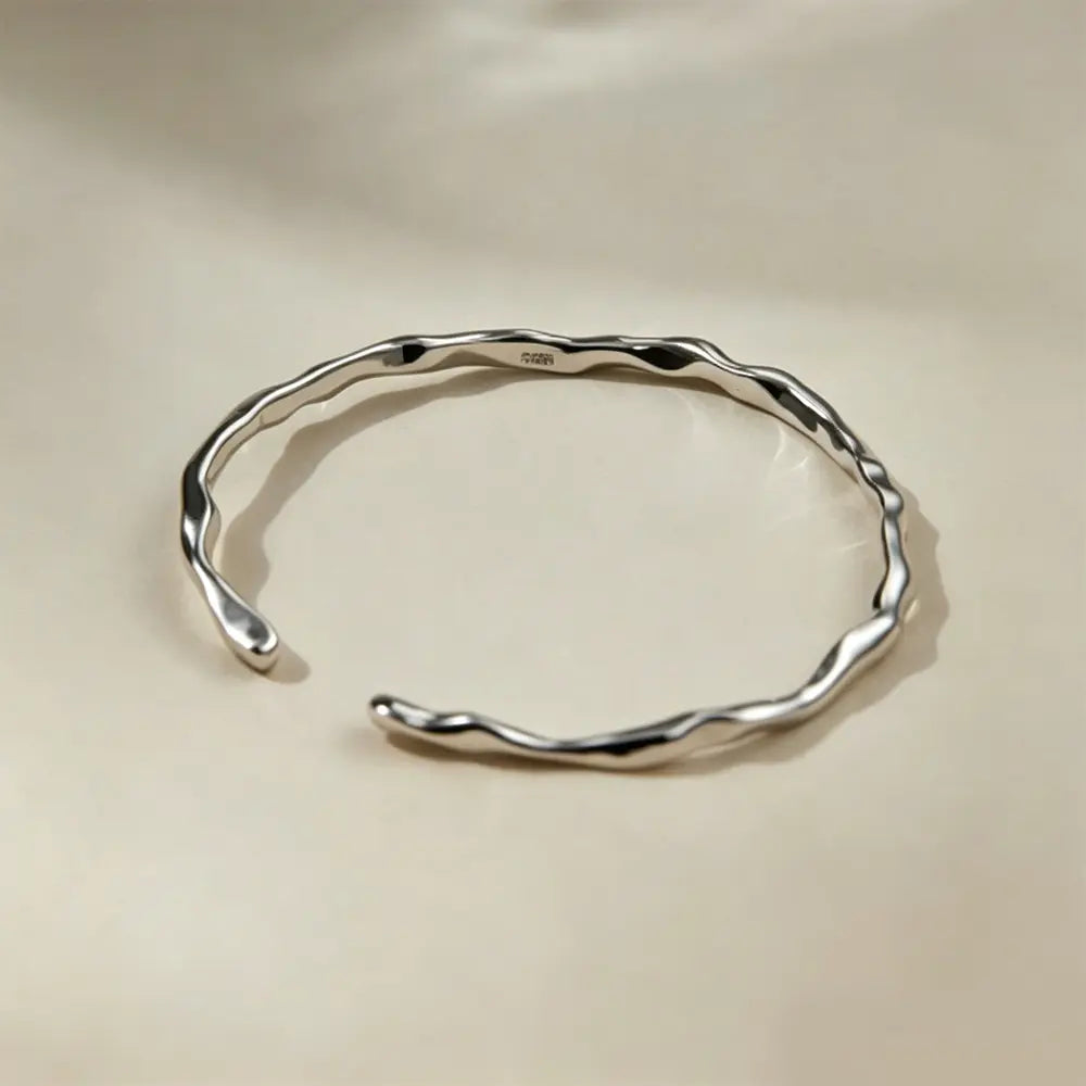 Minimalist Irregular Lava Wave Bracelet, 925 Sterling Silver Open Bangle, Stylish Versatile Hand Jewelry for Ladies