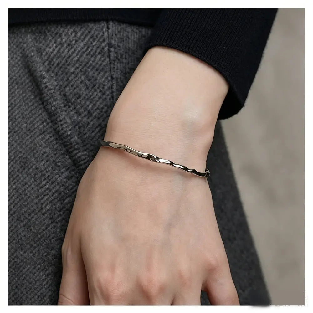 Minimalist Irregular Lava Wave Bracelet, 925 Sterling Silver Open Bangle, Stylish Versatile Hand Jewelry for Ladies