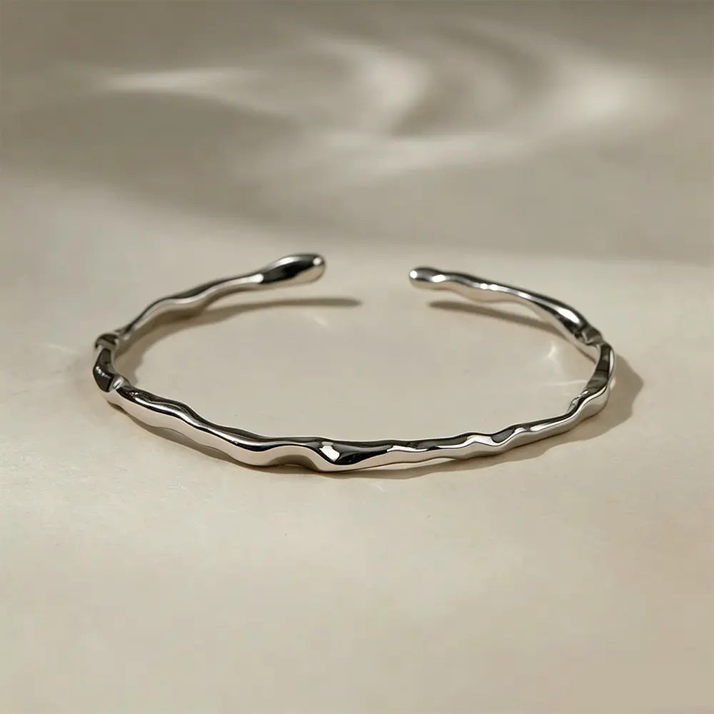 Minimalist Irregular Lava Wave Bracelet, 925 Sterling Silver Open Bangle, Stylish Versatile Hand Jewelry for Ladies