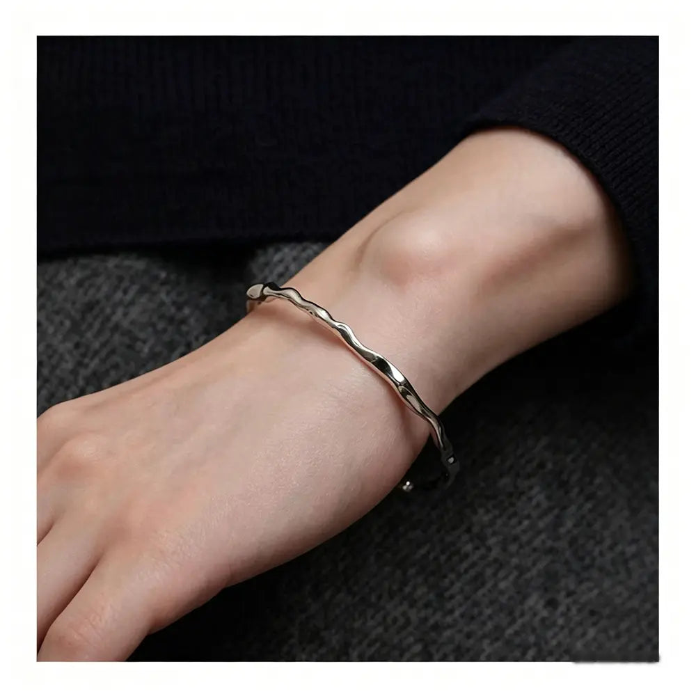 Minimalist Irregular Lava Wave Bracelet, 925 Sterling Silver Open Bangle, Stylish Versatile Hand Jewelry for Ladies