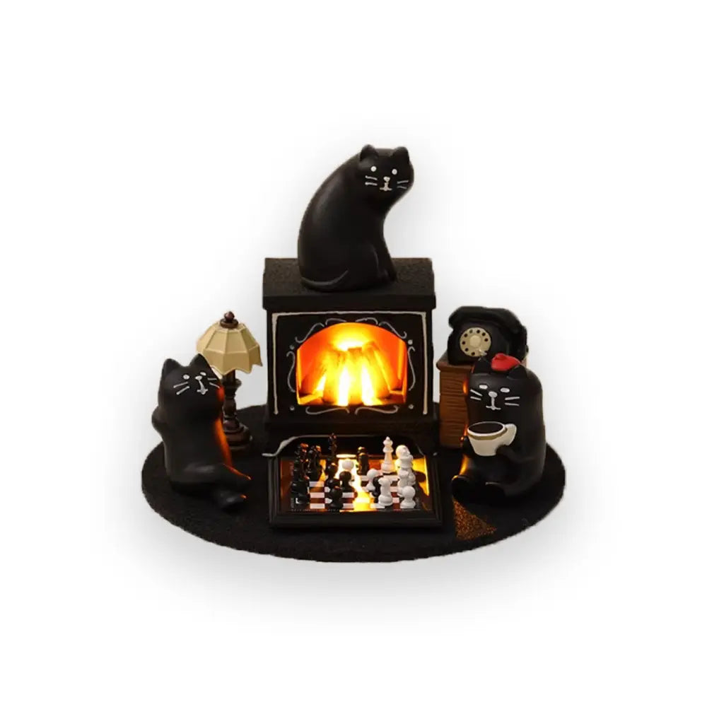 Decorative Black Cat Figurine Playing Chinese Chess